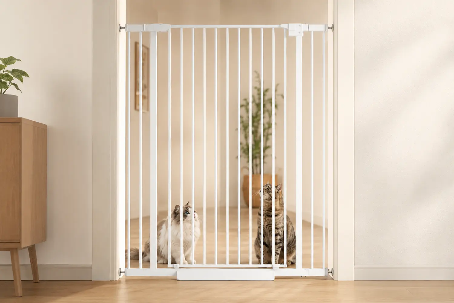 Extra-tall steel safety gate with cats nearby