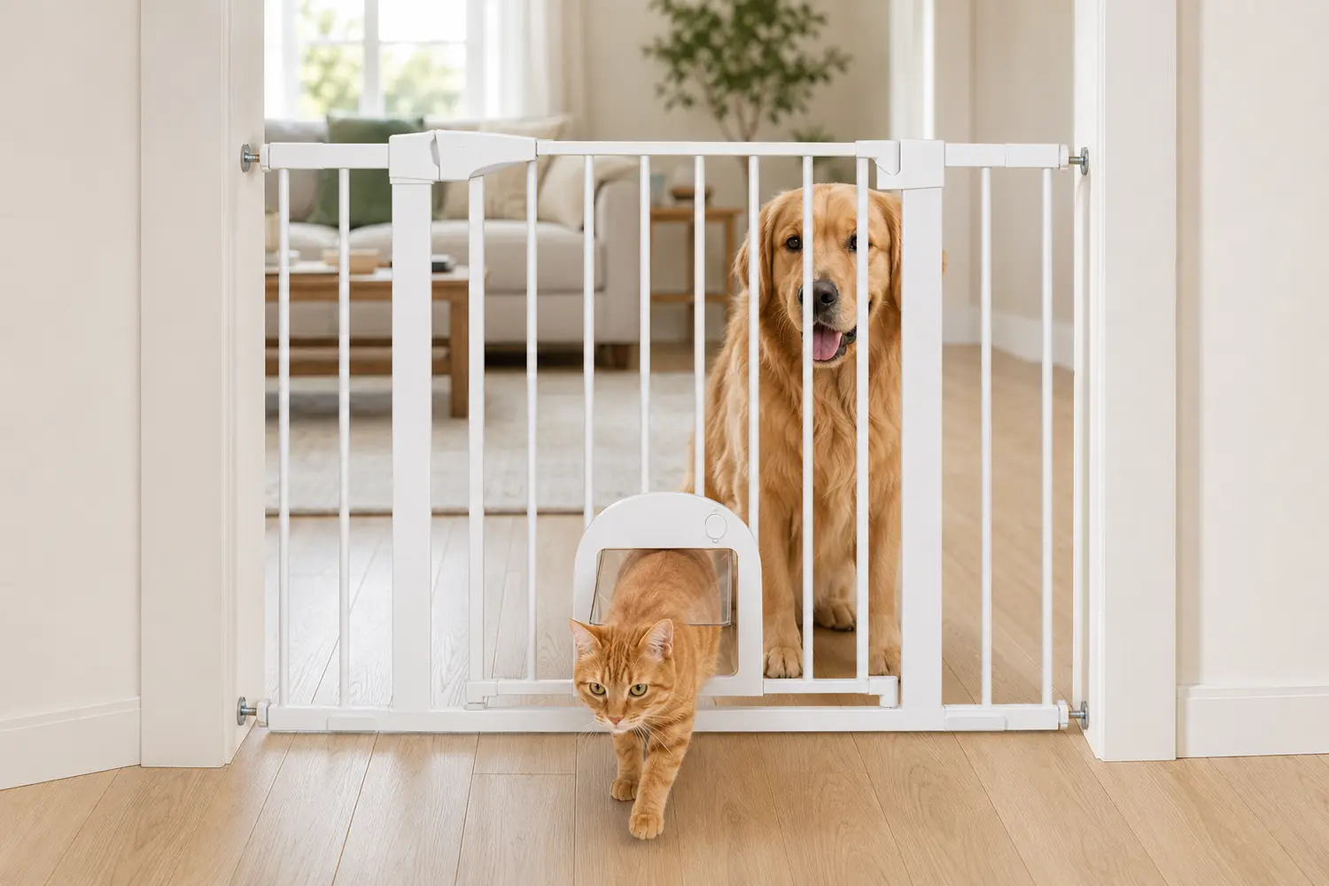 Steel gate with an integrated smaller pet passage