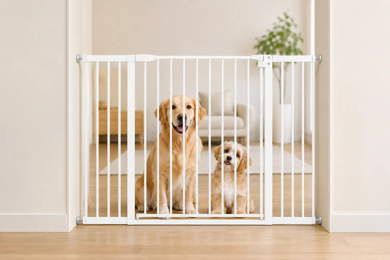Steel pet gate used in a home with dogs