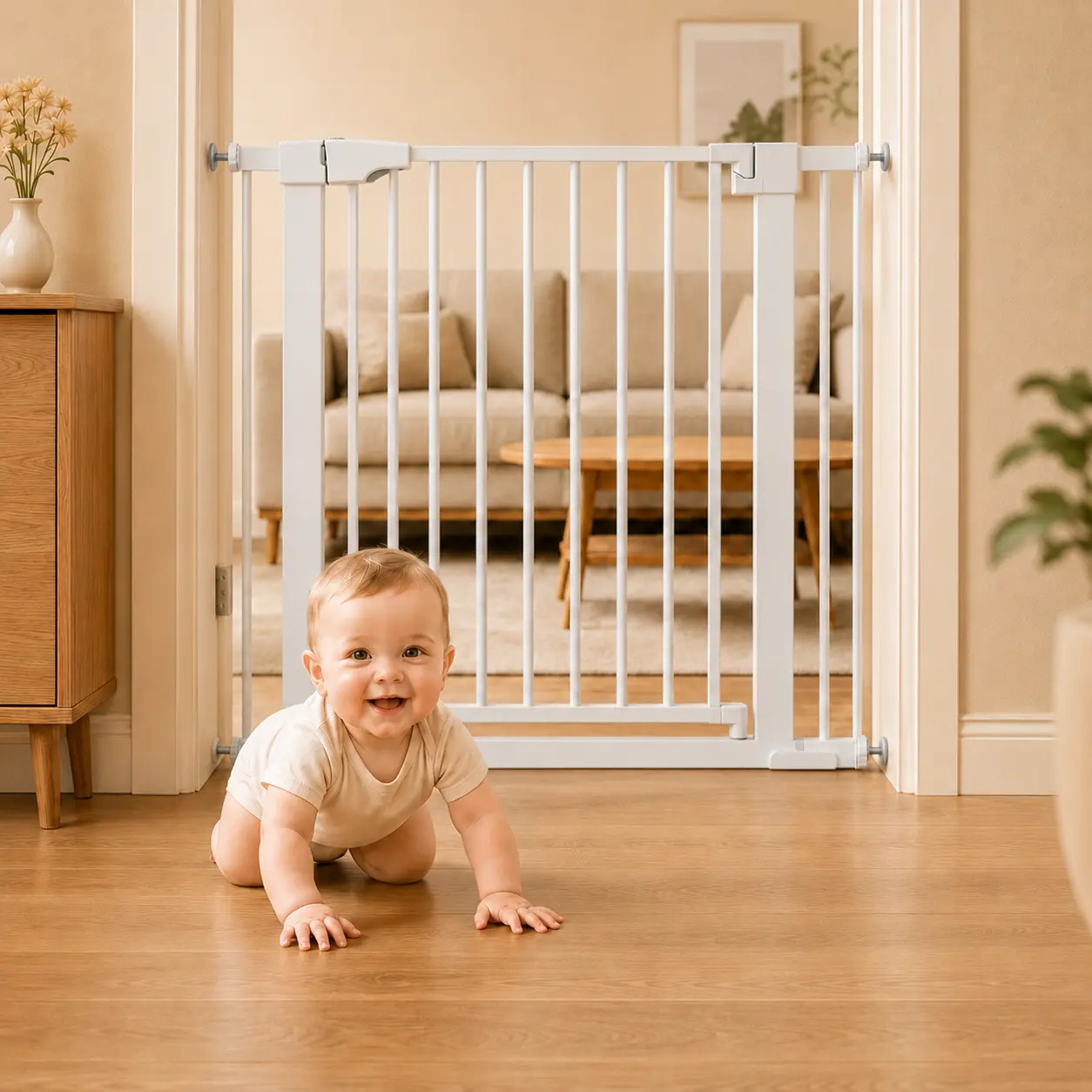 Pressure-mounted steel baby gate installed in a home