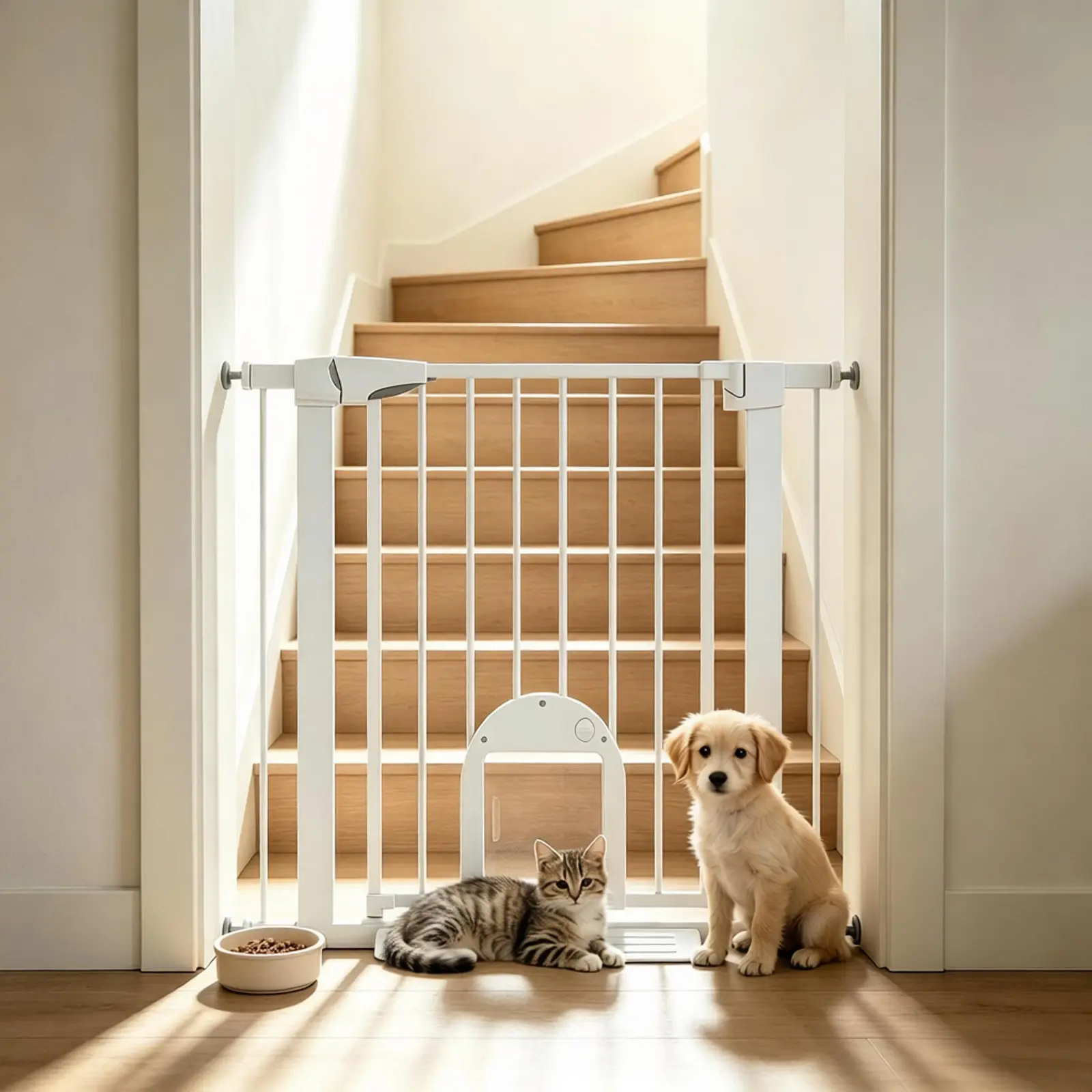 BG-06 pet gate with cat door in a mixed-pet setting