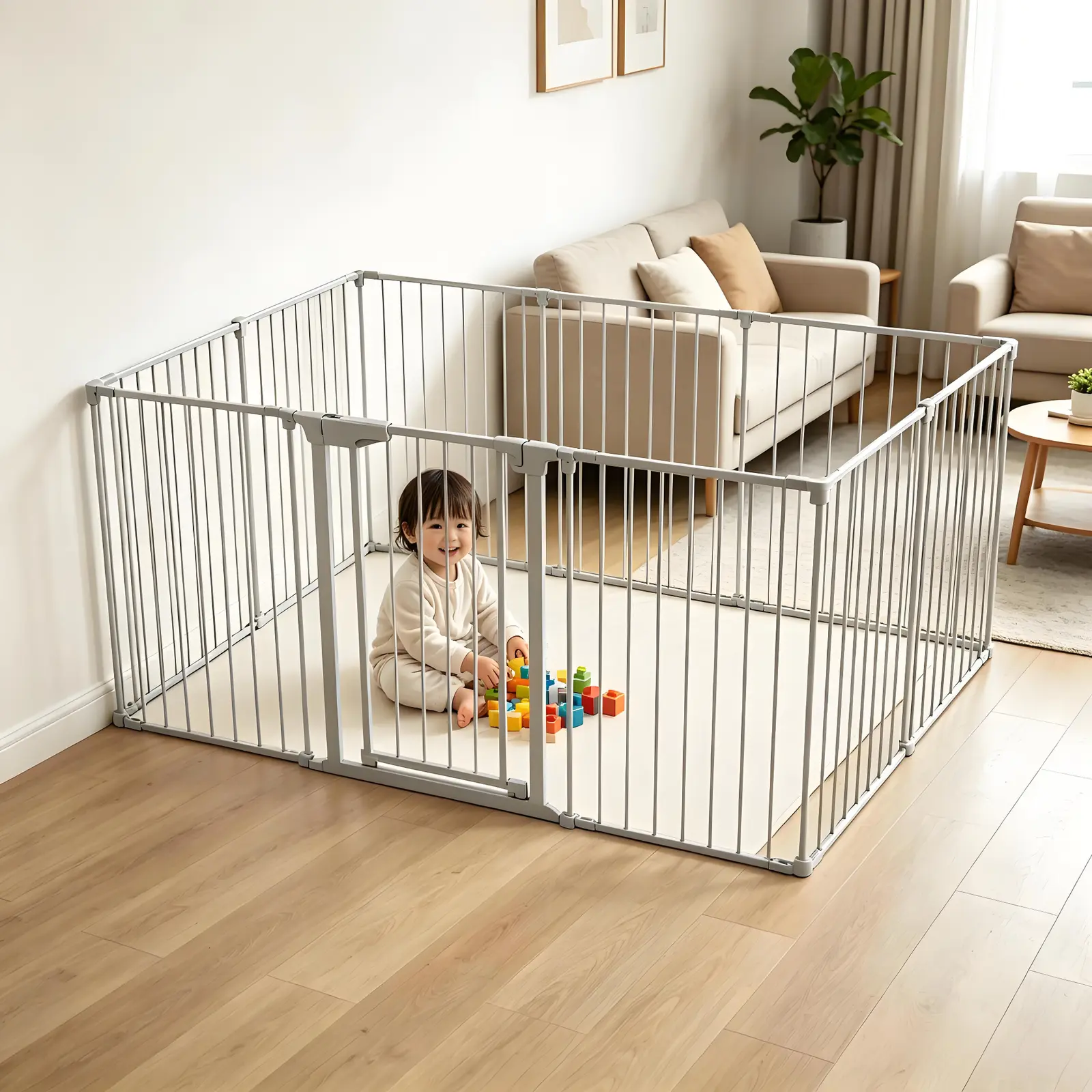 WL-01-06 metal play yard shown in a living room
